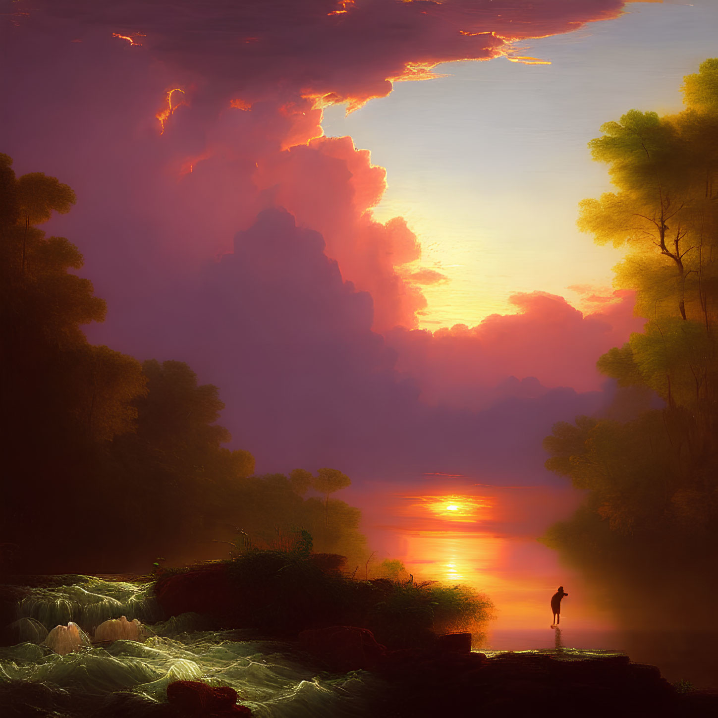 Scenic sunset landscape with river, trees, and vibrant sky