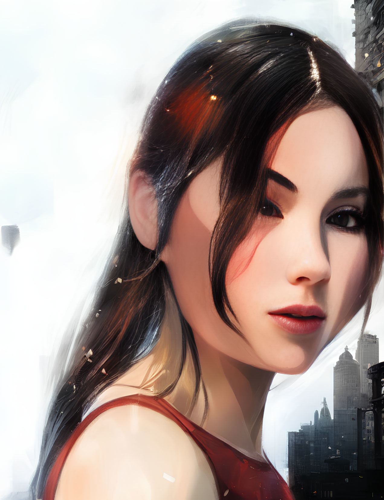 Detailed digital painting of woman with dark hair, red clothing, and abstract cityscape background