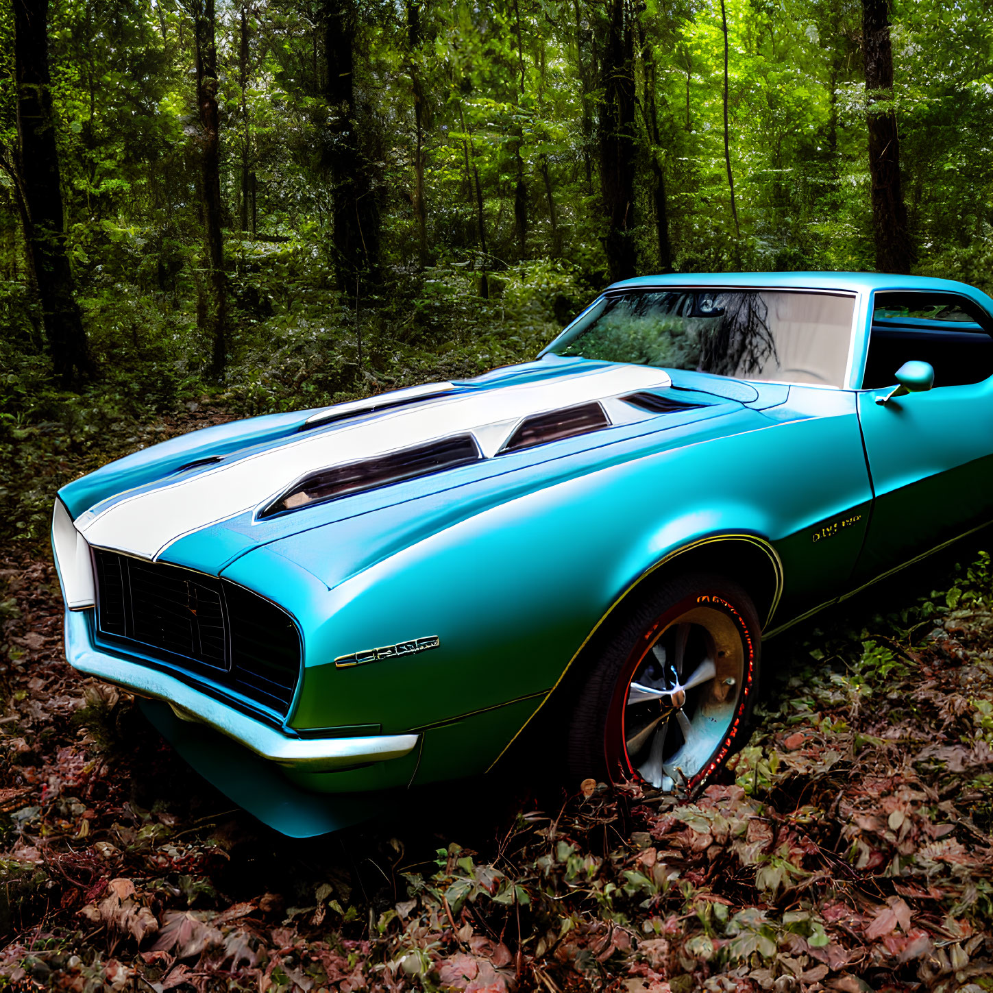 Turquoise Chevrolet Camaro with white stripes in lush forest setting