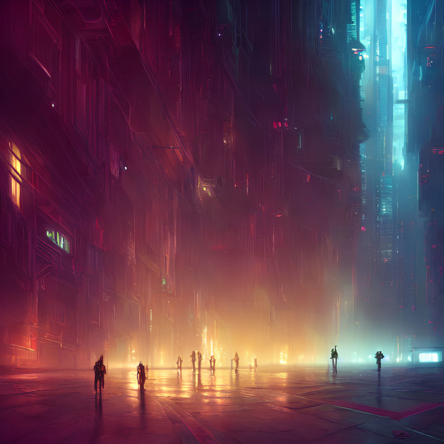 Neon-lit skyscrapers in futuristic cityscape