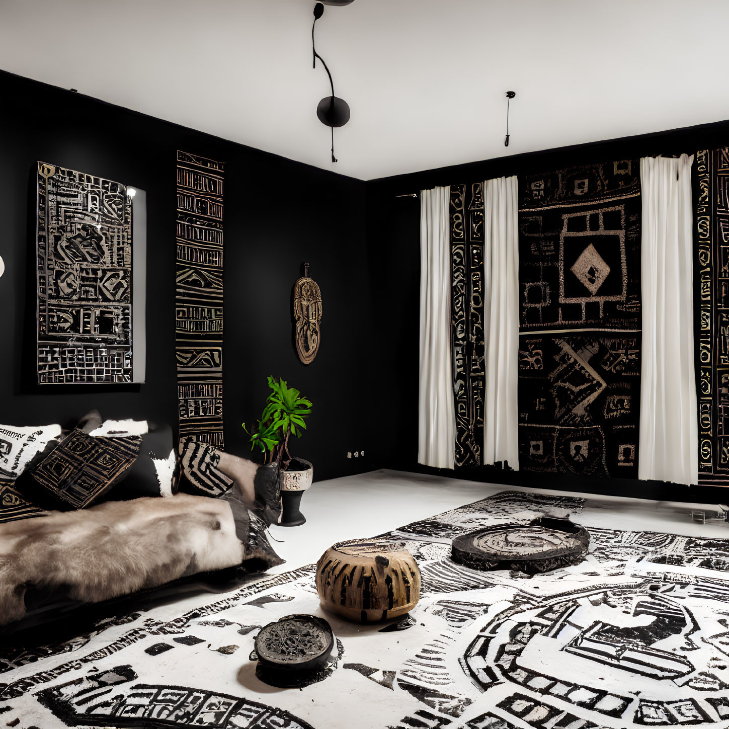 Monochromatic room with black walls, ethnic art, patterned textiles, white rug, and green