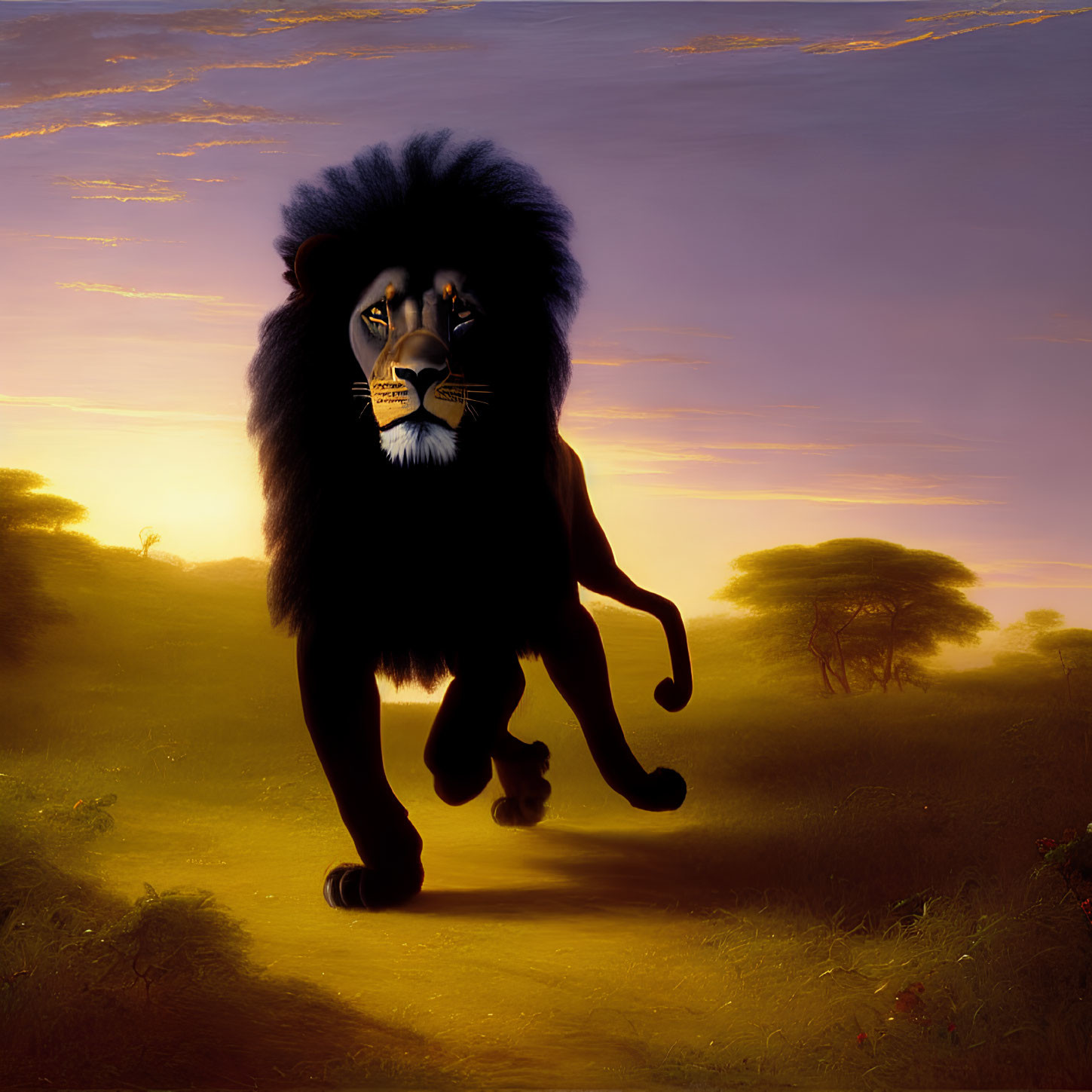 Majestic lion walking on sunlit African savanna at sunrise