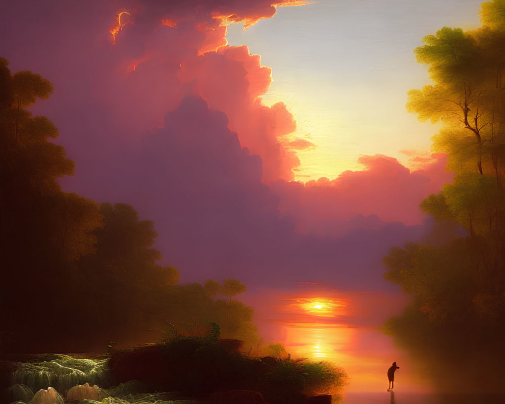 Scenic sunset landscape with river, trees, and vibrant sky