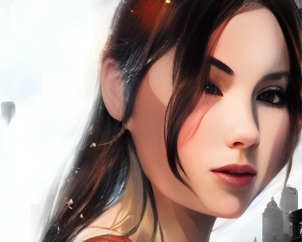 Detailed digital painting of woman with dark hair, red clothing, and abstract cityscape background