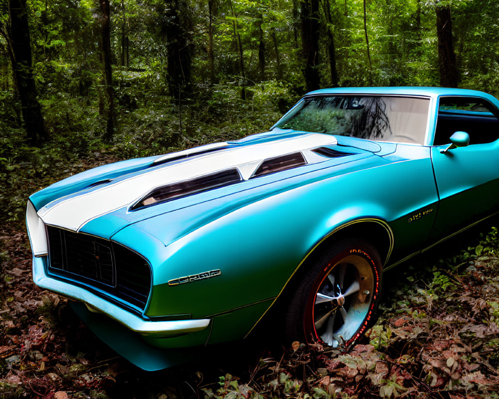 Turquoise Chevrolet Camaro with white stripes in lush forest setting