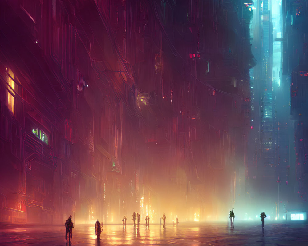 Neon-lit skyscrapers in futuristic cityscape