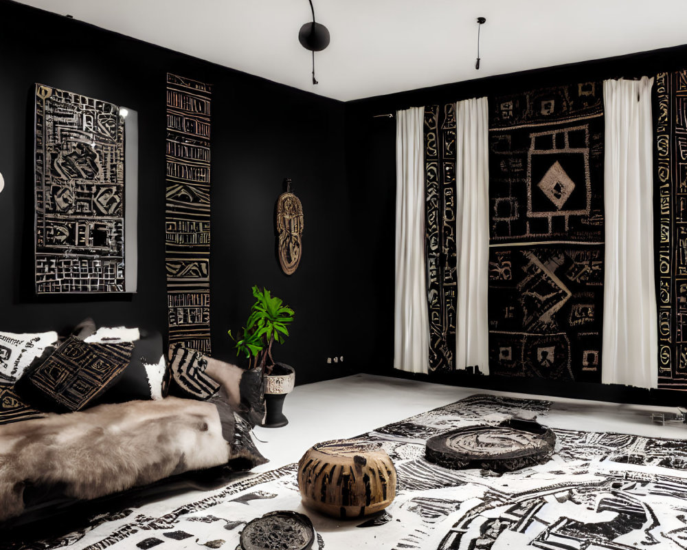 Monochromatic room with black walls, ethnic art, patterned textiles, white rug, and green