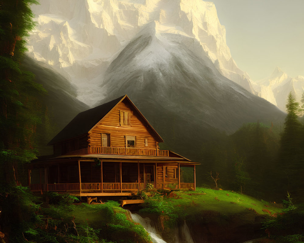 Wooden Cabin by Cascading Waterfall Surrounded by Misty Mountains