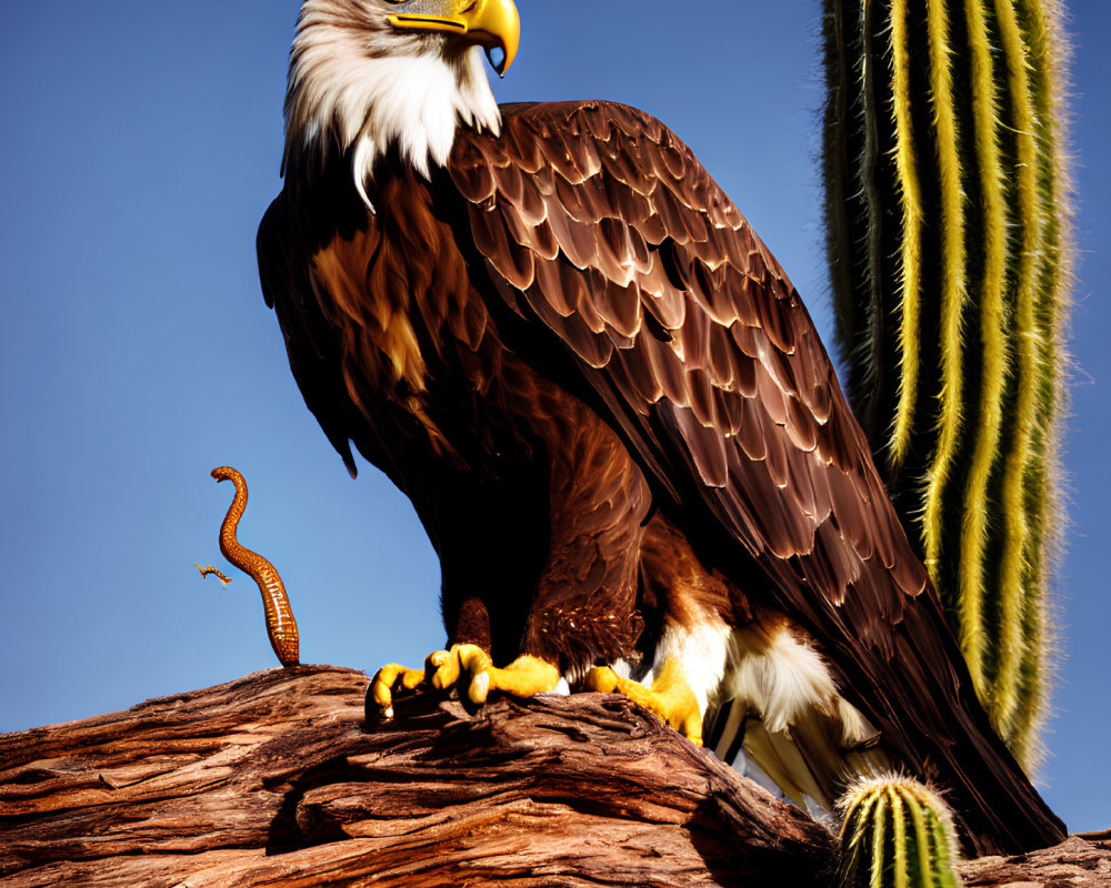 Bald eagle with snake on branch against blue sky and cactus