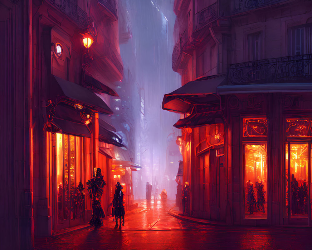 Futuristic neon-lit city street at dusk with figures in heavy gear