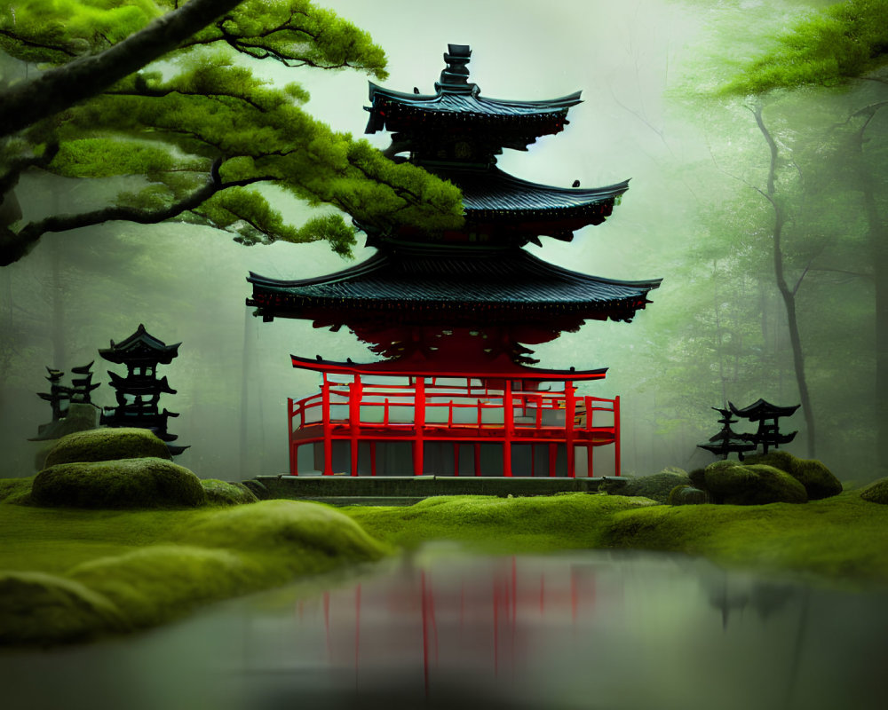 Japanese garden with pagoda, red bridge, moss-covered rocks, and green trees