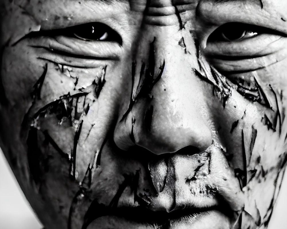 Detailed close-up: cracked paint on face in black and white