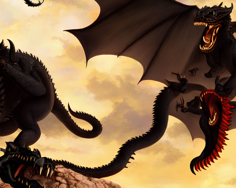 Black dragon with spread wings in golden sky, surrounded by smaller dragons.