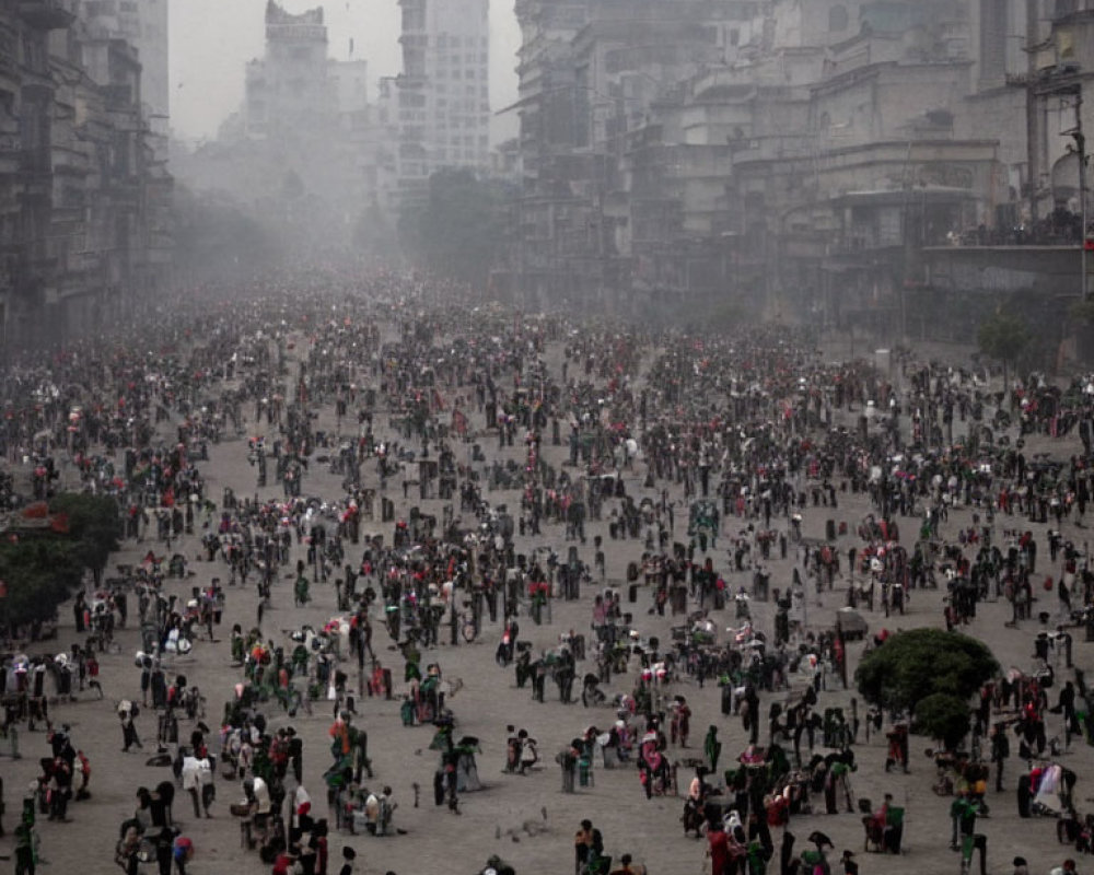 Crowded city square with high-rise buildings and hazy sky