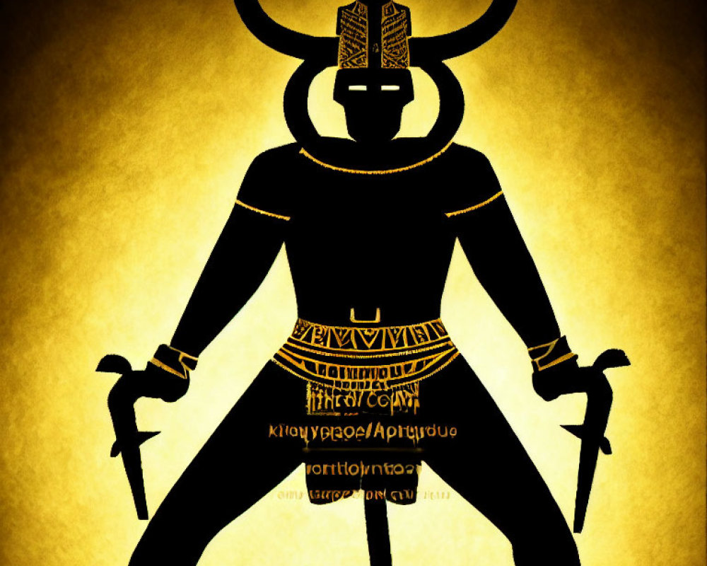 Mysterious silhouette with horns and swords on golden textured background