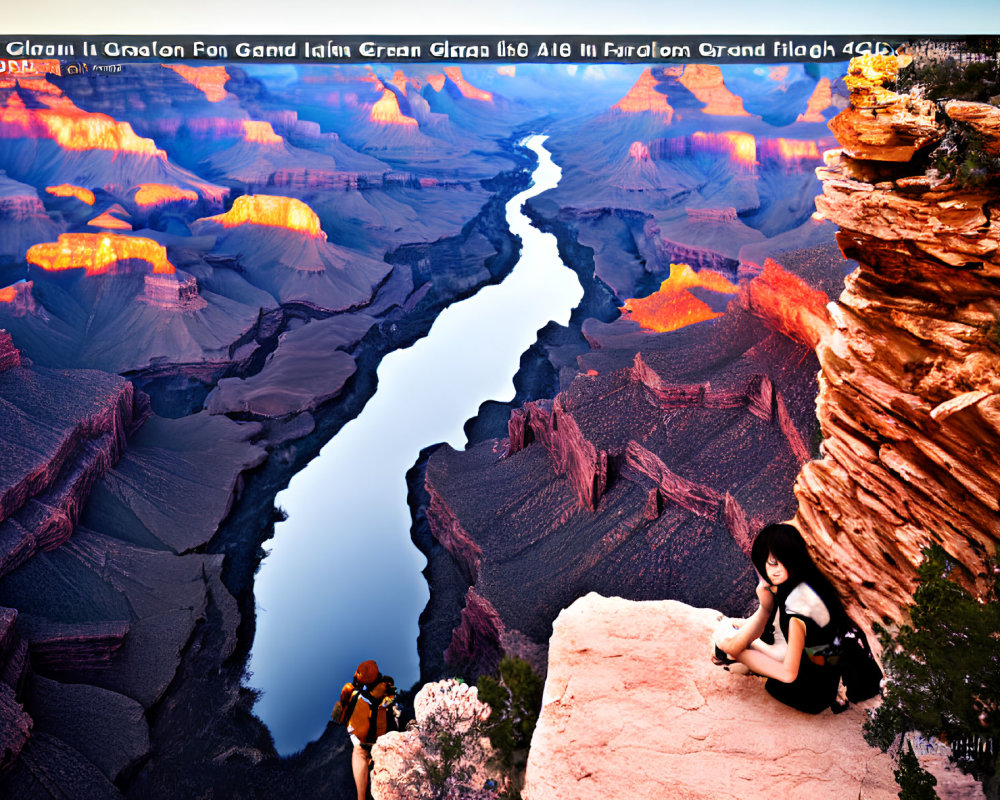 Cliffside sunset view of Grand Canyon with hiker and river