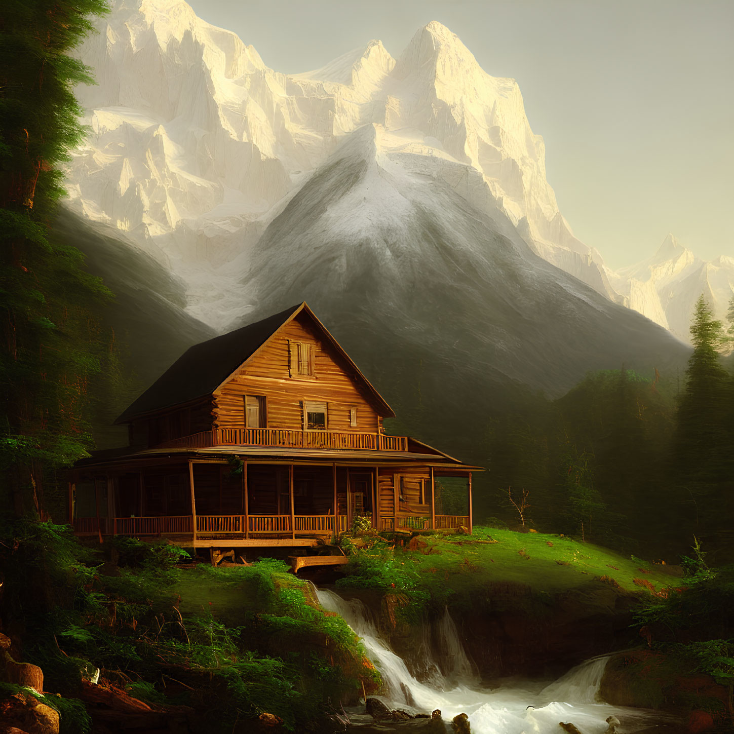 Wooden Cabin by Cascading Waterfall Surrounded by Misty Mountains