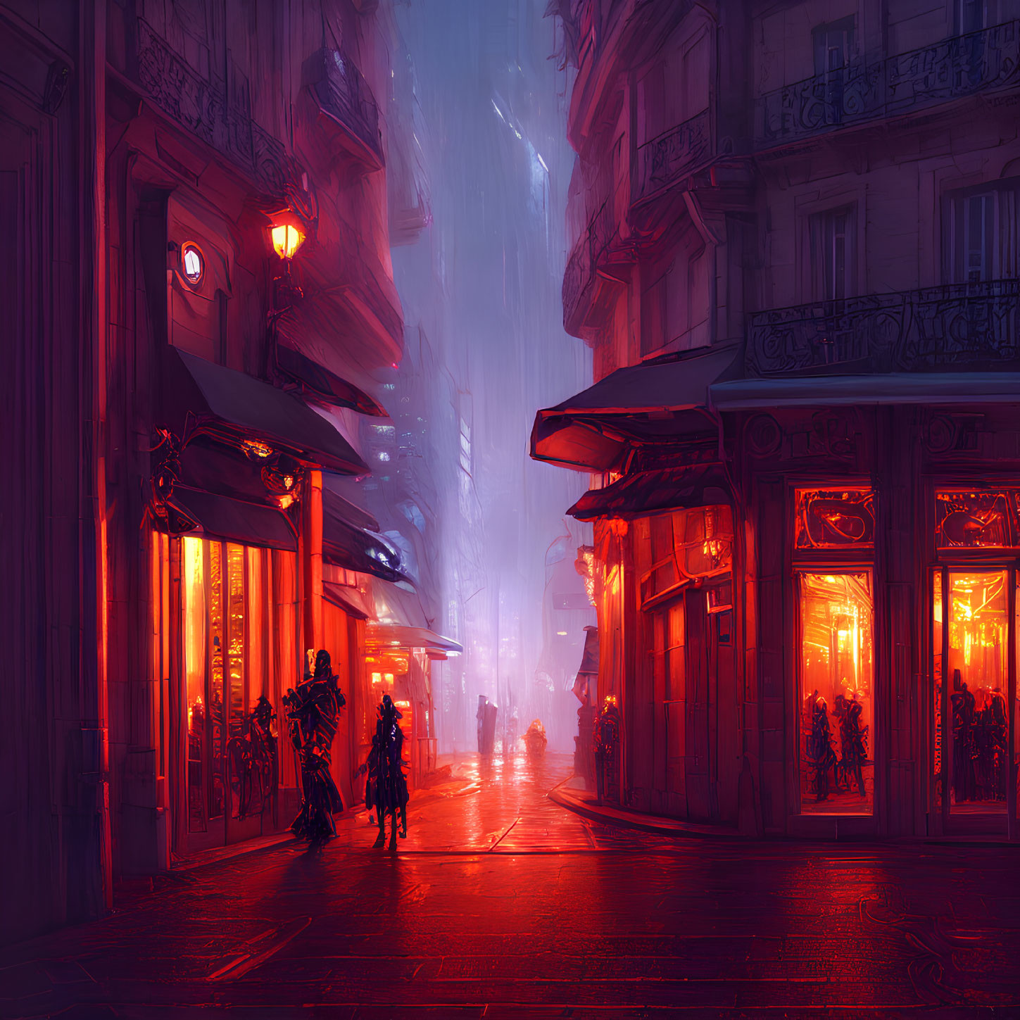 Futuristic neon-lit city street at dusk with figures in heavy gear