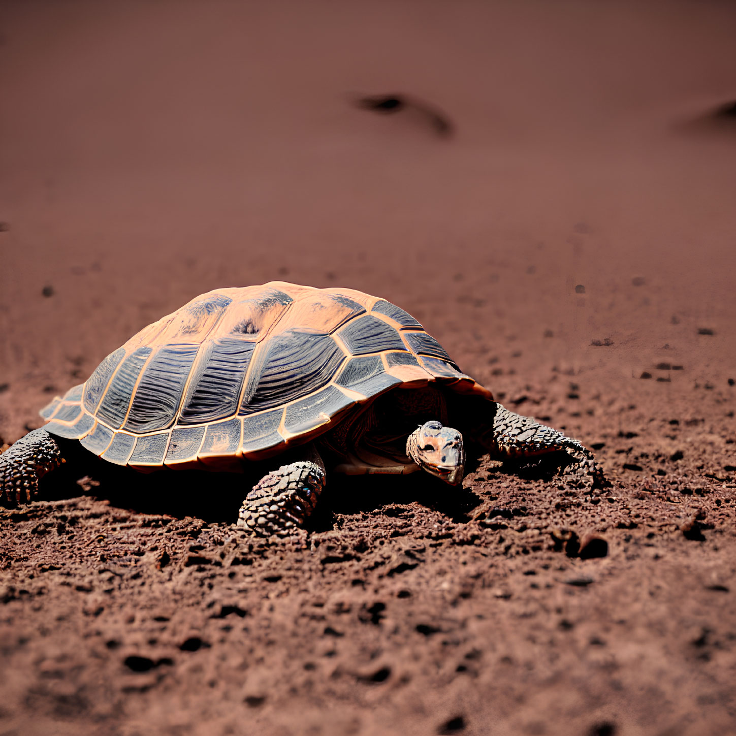 Patterned Shell Tortoise on Reddish-Brown Soil Environment