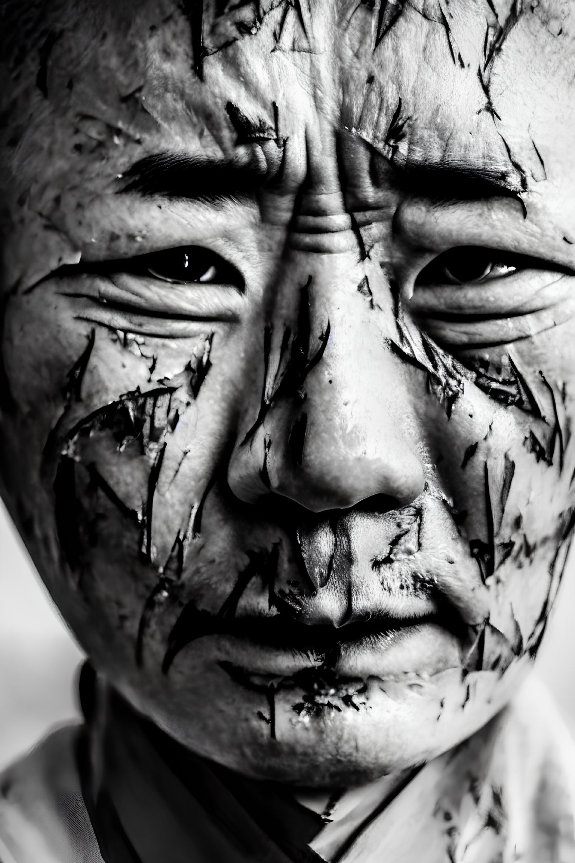 Detailed close-up: cracked paint on face in black and white