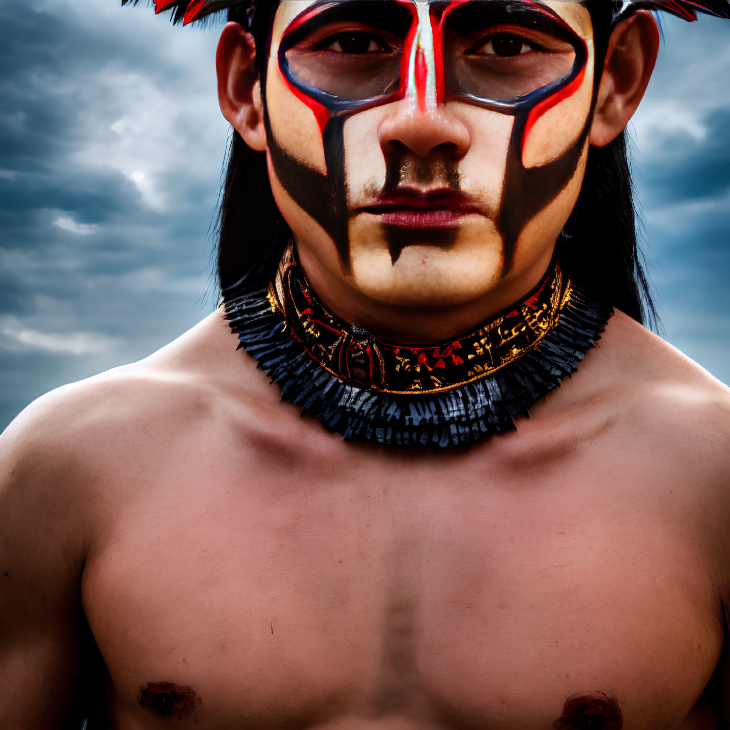 Shirtless man with red and black tribal face paint and beaded necklace against cloudy sky