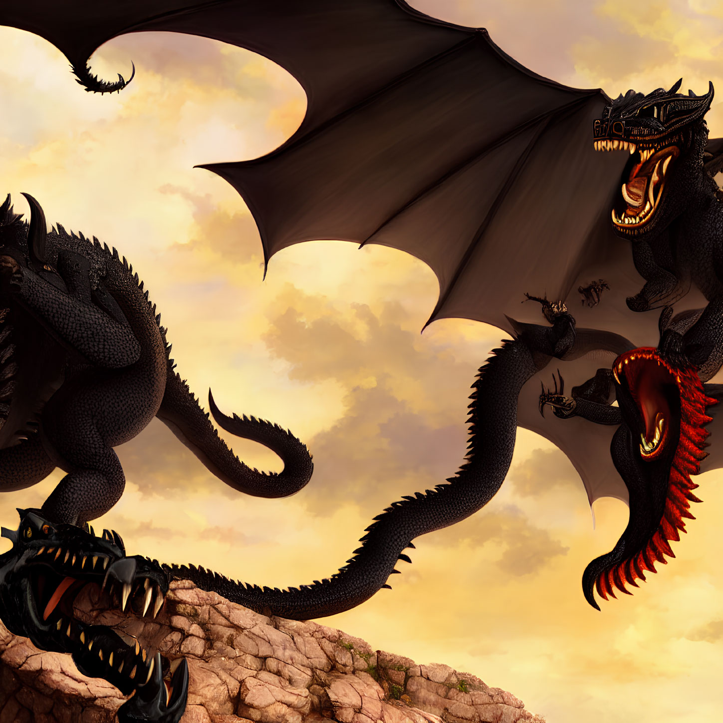 Black dragon with spread wings in golden sky, surrounded by smaller dragons.