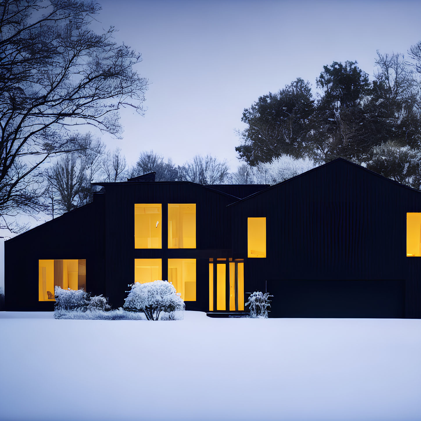 Modern Black House Illuminated Windows Snowy Landscape