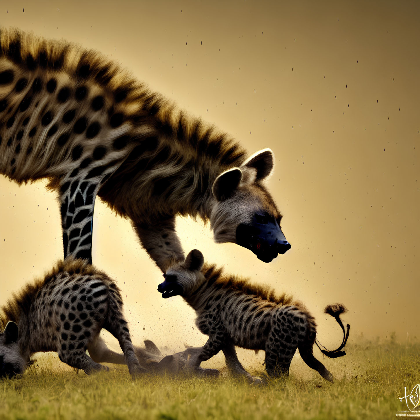 Hyena and Cubs in Savanna Dusk Scene