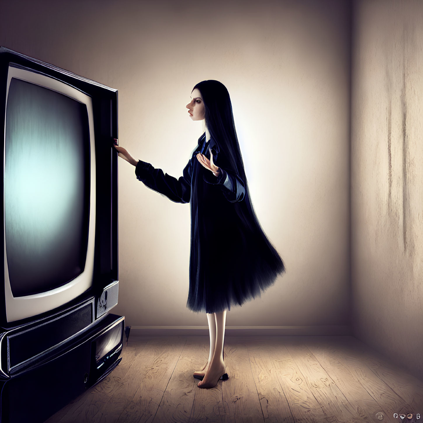 Surreal image: Woman with long black hair stepping out of vintage TV into dim room