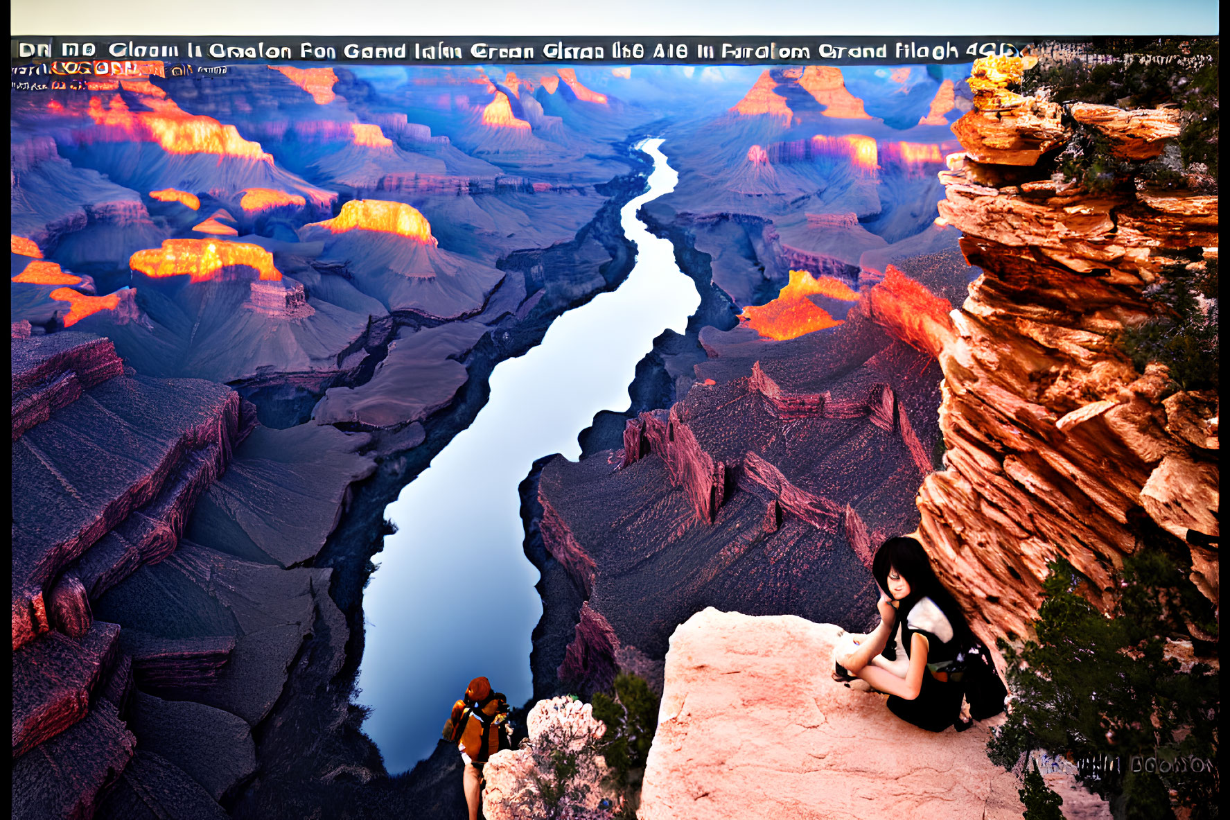 Cliffside sunset view of Grand Canyon with hiker and river