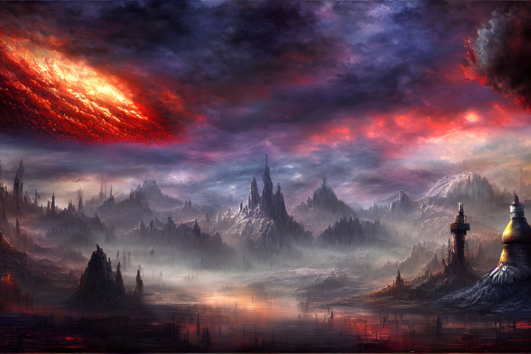 Fantastical landscape with towering spires, castle, and fiery clouds over serene water