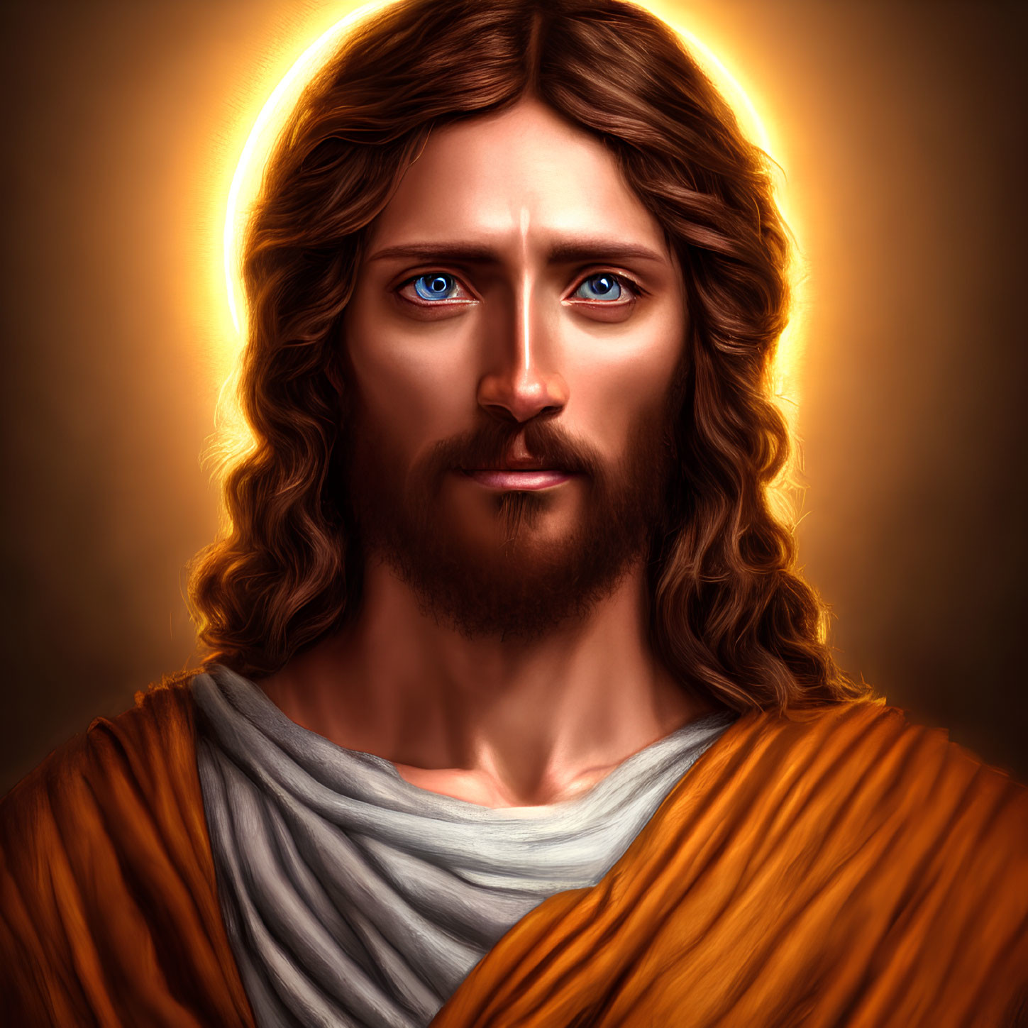 Digital painting of figure with long brown hair, blue eyes, white and orange robe, and glowing halo