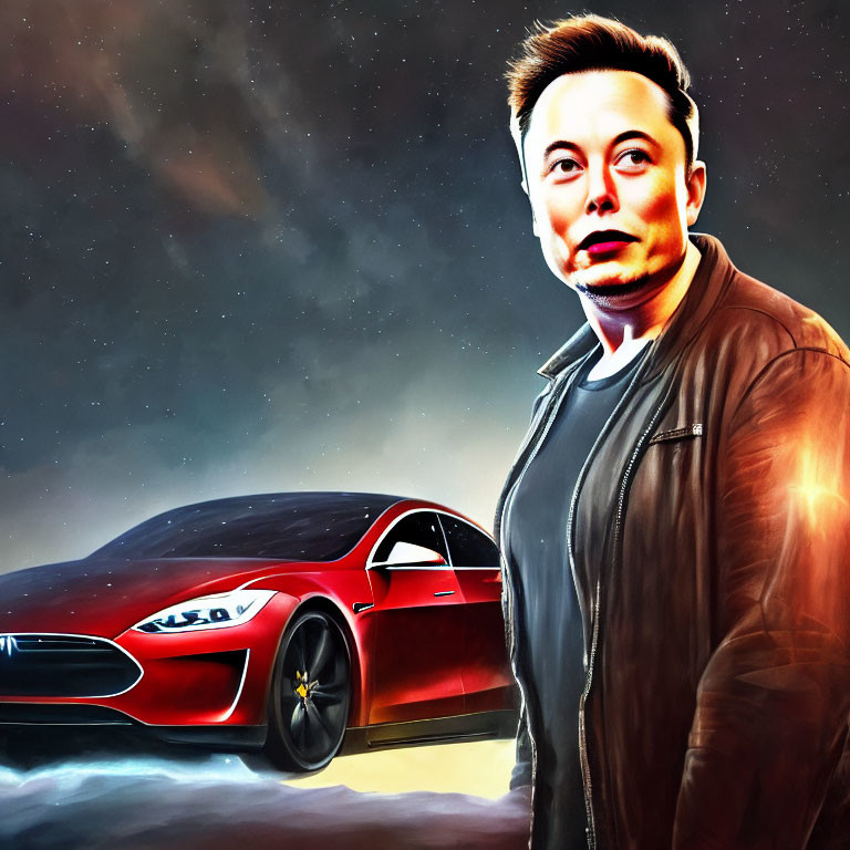 Illustrated portrait of a man with red electric car against cosmic star background