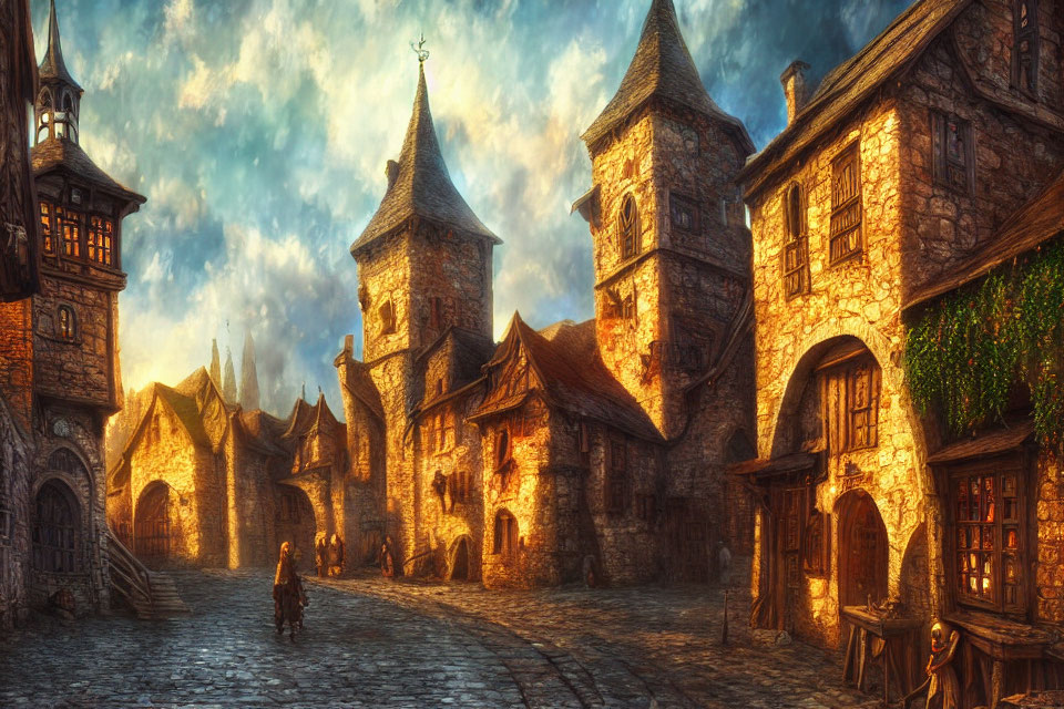 Medieval village cobblestone street at sunset with stone houses and lone figure