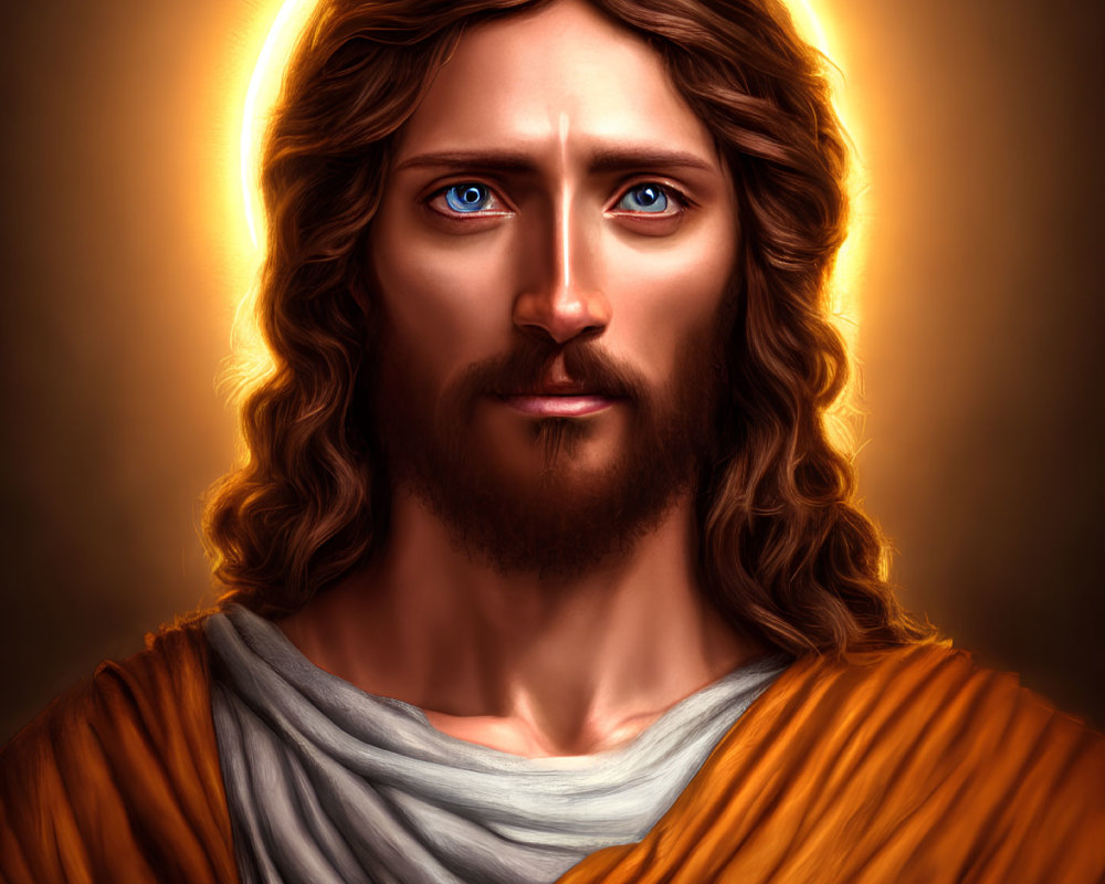 Digital painting of figure with long brown hair, blue eyes, white and orange robe, and glowing halo