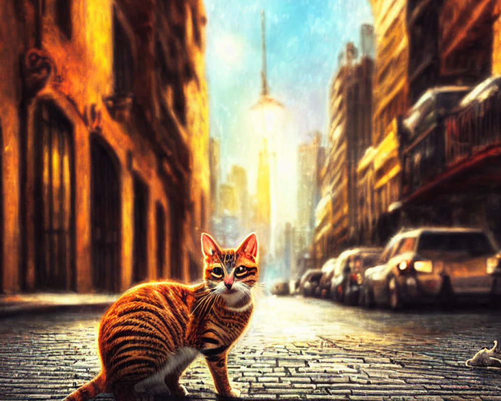 Striped orange cat on sunlit city street with parked cars and buildings.