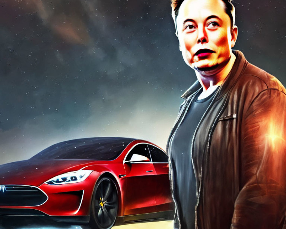 Illustrated portrait of a man with red electric car against cosmic star background