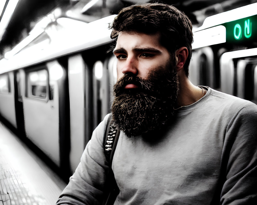 Bearded man with thoughtful expression at subway station as train arrives