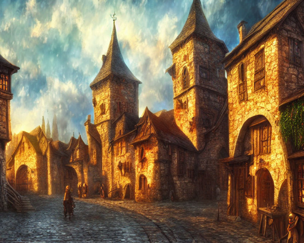 Medieval village cobblestone street at sunset with stone houses and lone figure