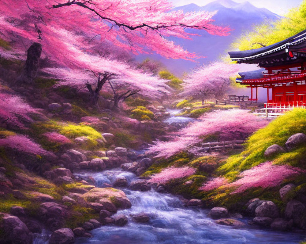 Scenic landscape with cherry blossoms, stream, and mountains