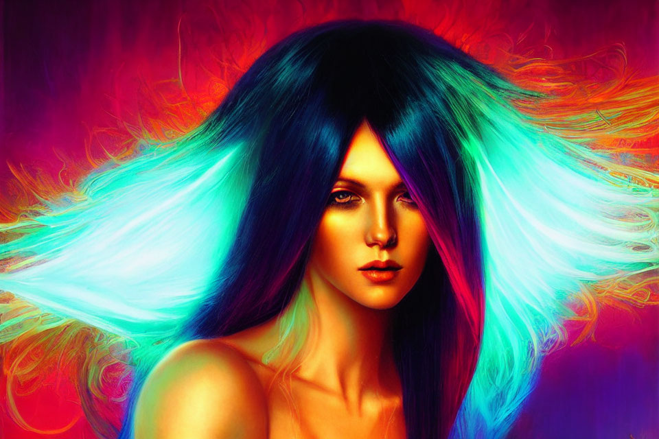 Colorful digital artwork: Woman with blue hair on red and purple backdrop