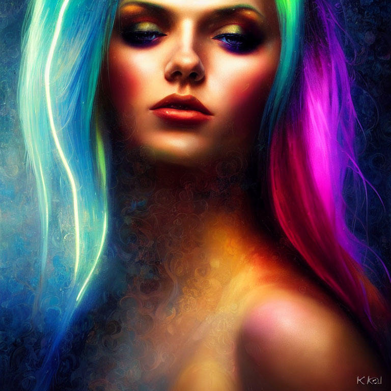 Colorful Portrait of Woman with Blue and Pink Hair and Striking Makeup