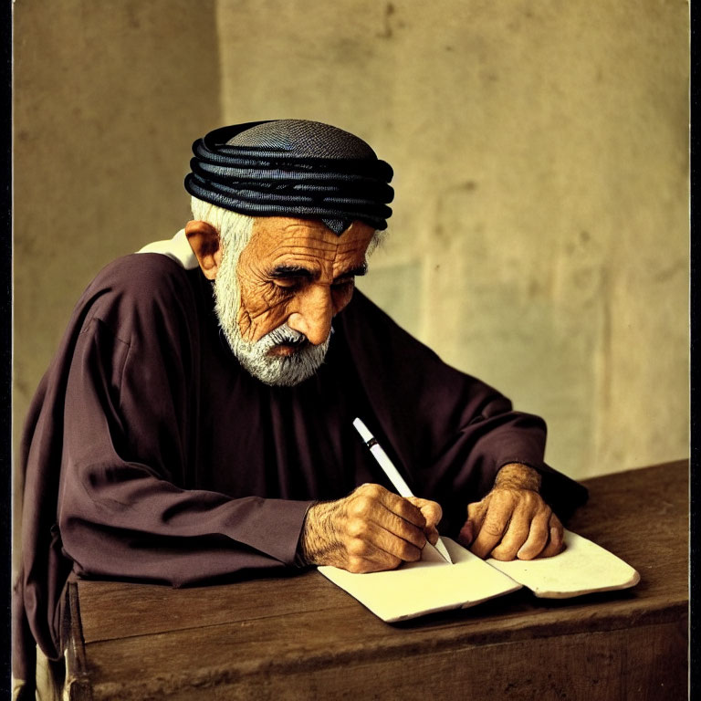 Elderly man in traditional attire writing in notebook.