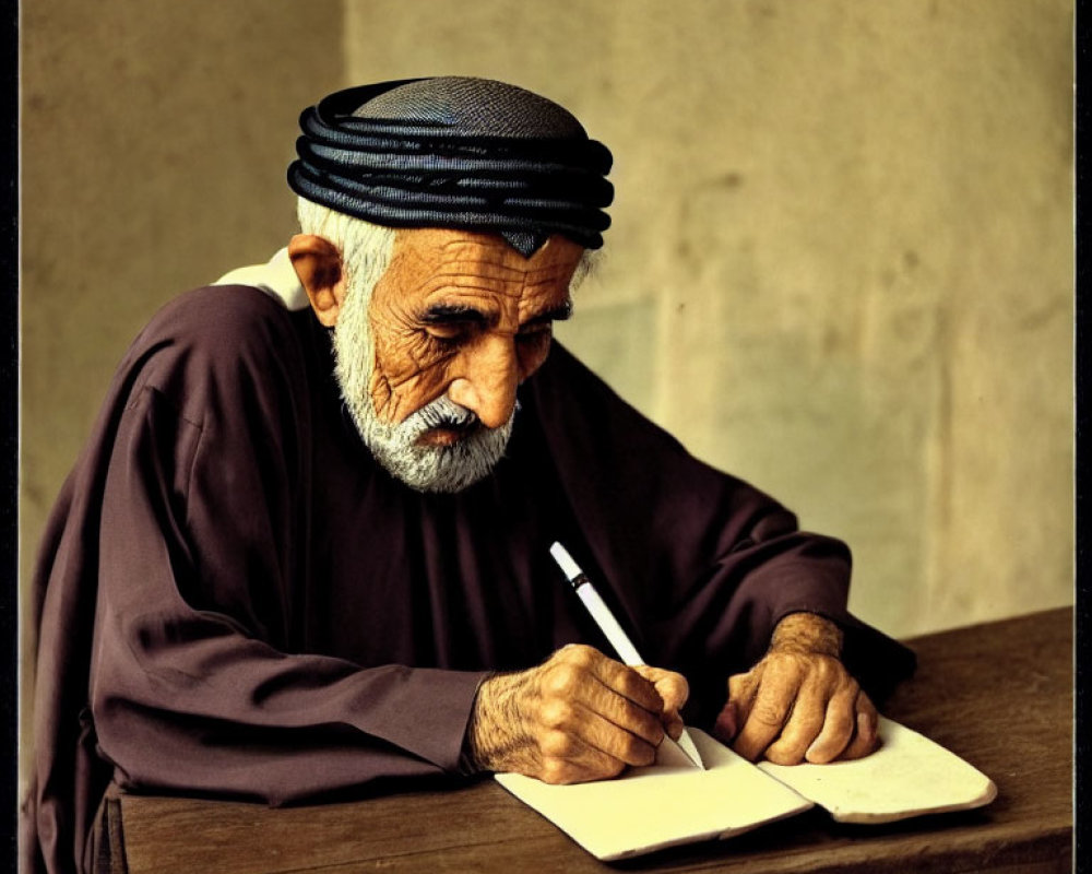 Elderly man in traditional attire writing in notebook.