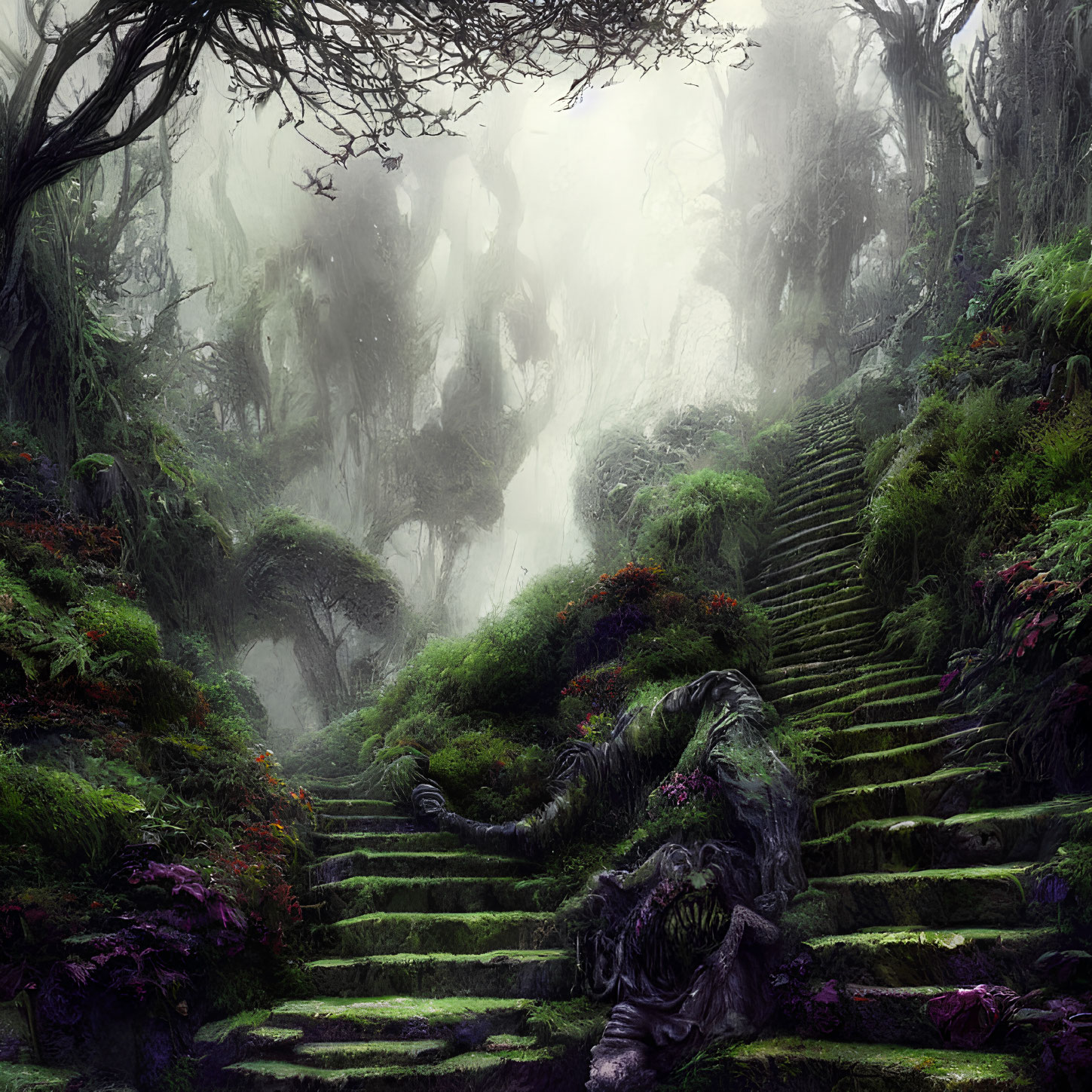 Misty forest with moss, gnarled trees & stone staircase