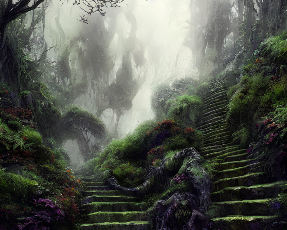 Misty forest with moss, gnarled trees & stone staircase