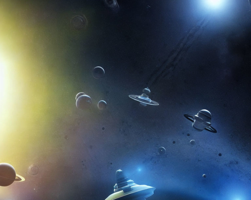 Digital Space Scene with UFOs, Planets, Stars, Nebula, and Spaceship Trails