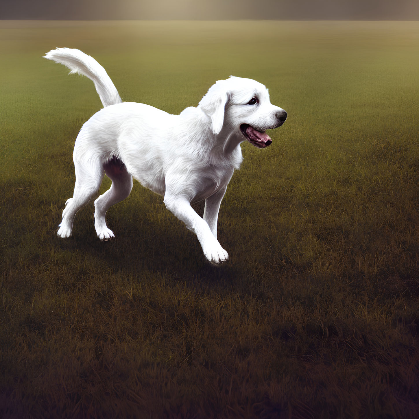 Fluffy white dog happily trotting in green field