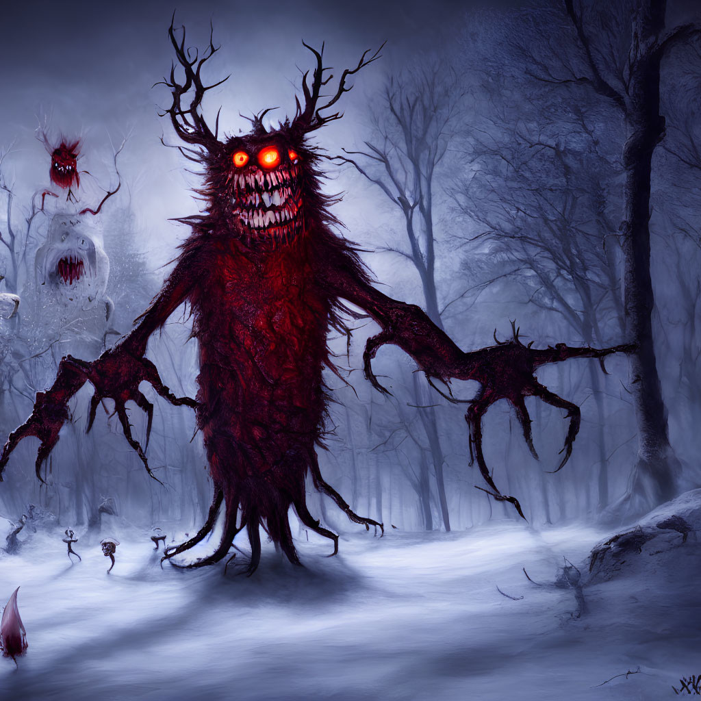 Sinister red-eyed creature in snowy forest with white spirits