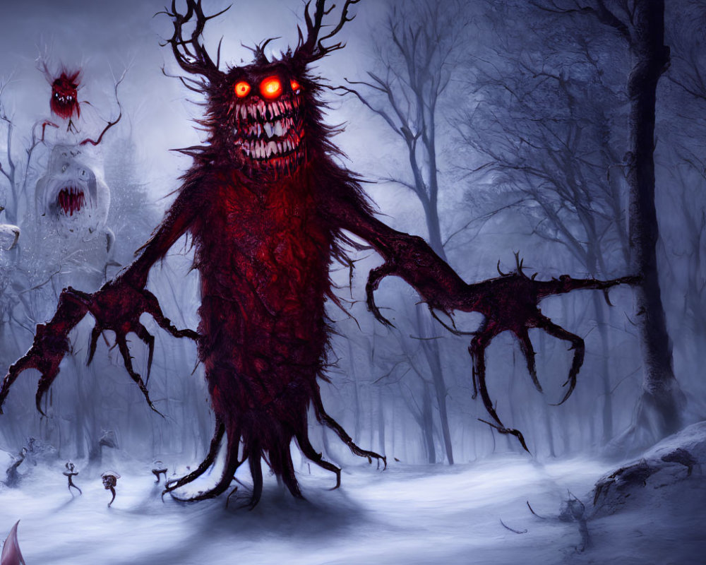 Sinister red-eyed creature in snowy forest with white spirits